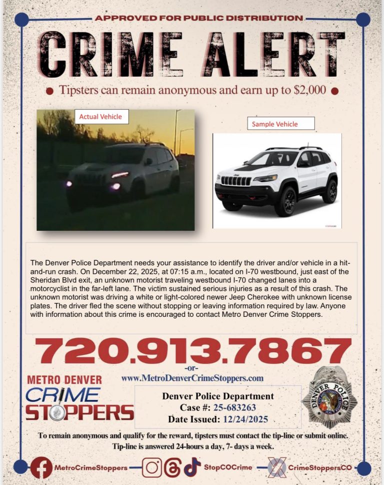 Choque con fuga en la I-70: Policía de Denver busca Jeep Cherokee tras accidente grave a motociclista