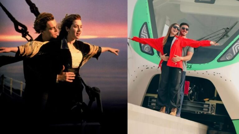 Samuel García y Mariana Rodríguez recrean famosa escena de Titanic sobre un monorriel