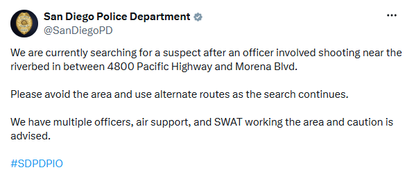 Buscan a sospechoso tras tiroteo en San Diego en el que estuvo involucrado un oficial
