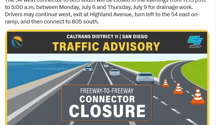 Cierre de la SR-54 hacia la I-805 sur por trabajos de drenaje en San Diego
