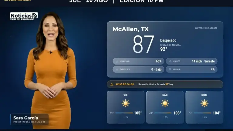 Clima McAllen hoy: reporte de las 10:00 PM del jueves 20 de agosto