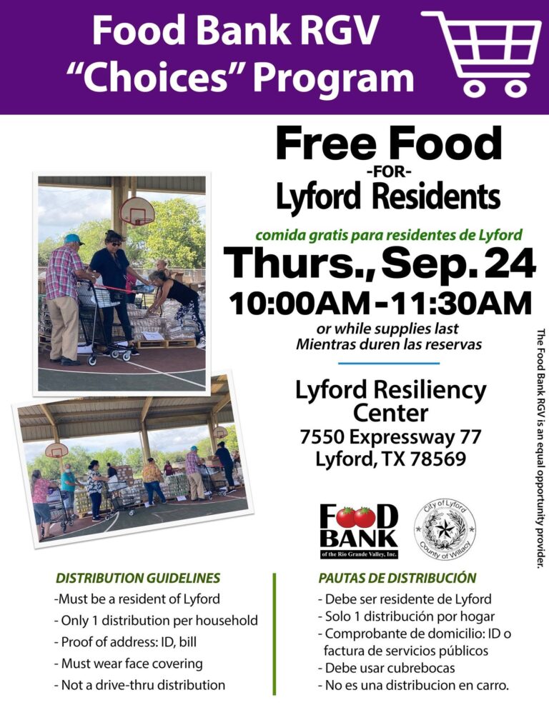El Banco de Comida RGV llevará a cabo una distribución del programa “Choices” este jueves 24 de septiembre para los residentes de Lyford.