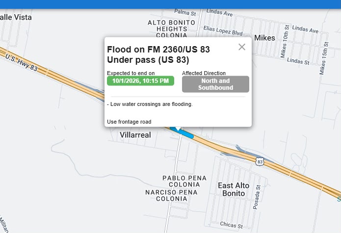 Inundaciones provocan afectaciones en FM 2360 y US 83